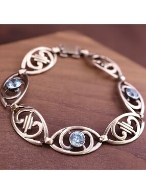Vintage Symmetalic Sterling 14K Light Blue Topaz Link Bracelet XL 8.5" 14.4g